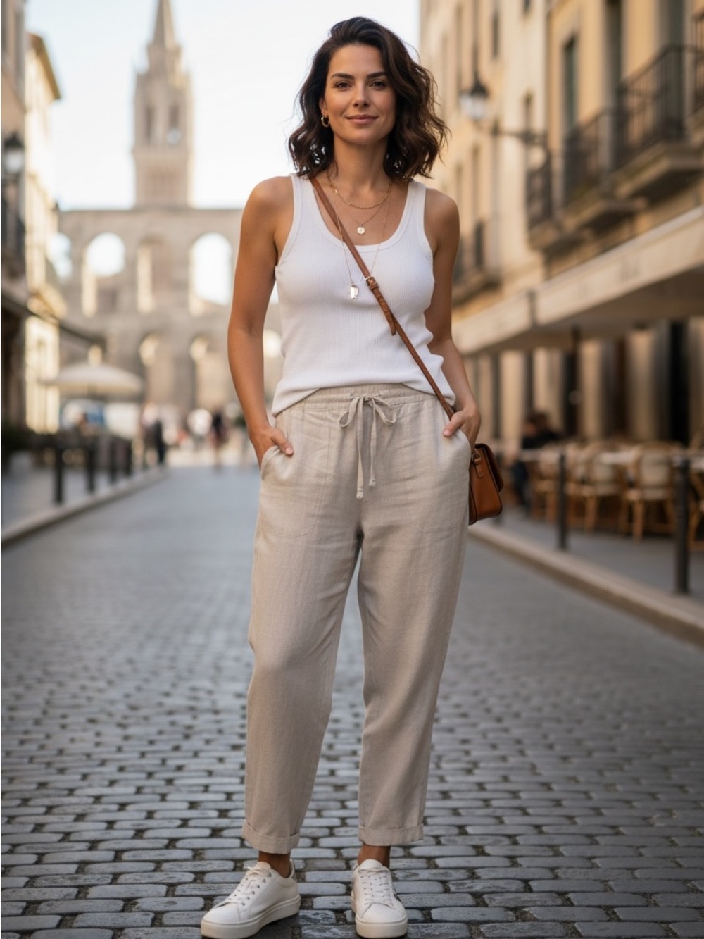 Relaxed Drawstring Linen-Blend Pants in Light Beige